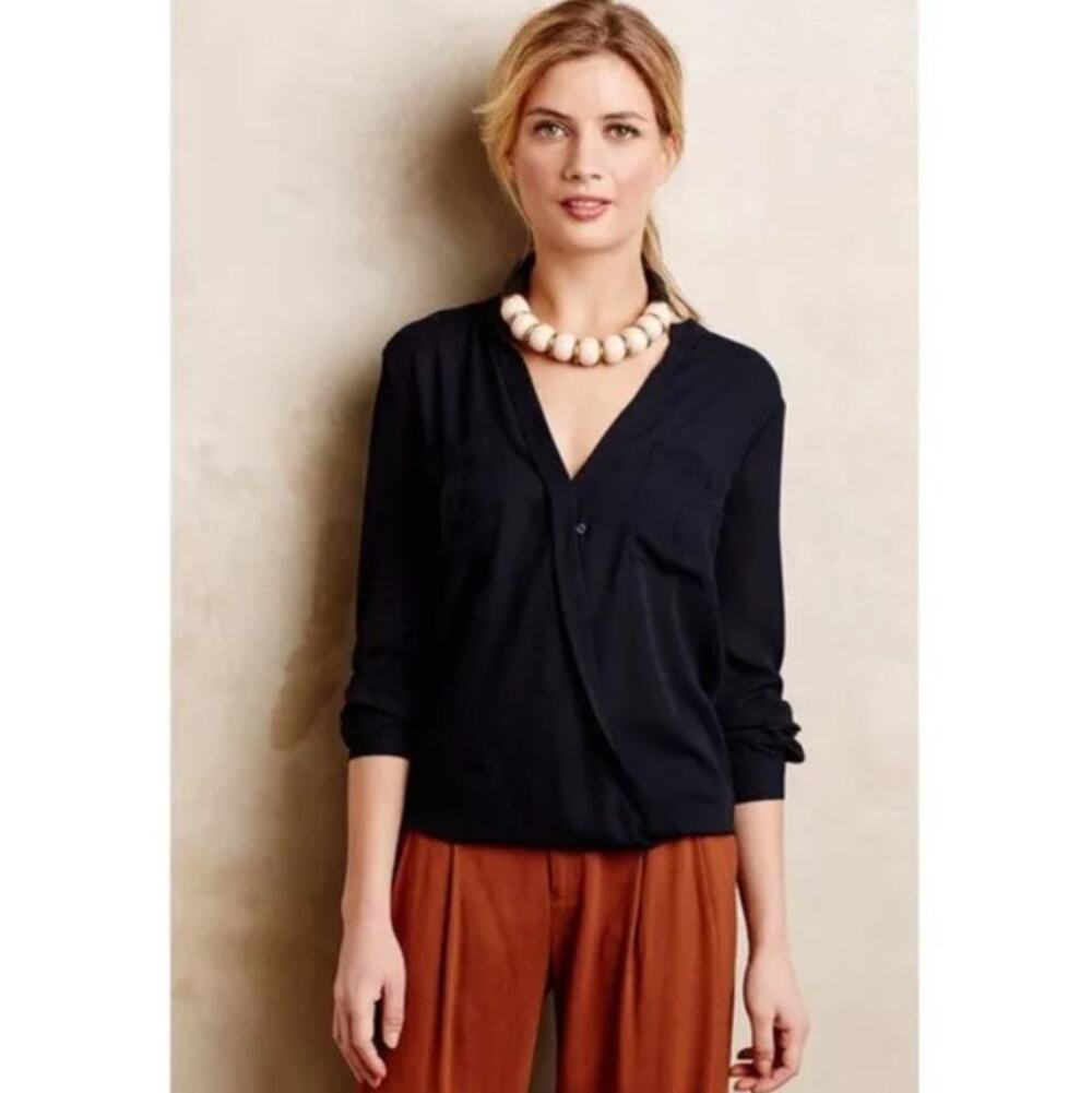 Anthropologie Maeve Womens Navy Blue Slouchy Top Size 10 Faux Wrap Career Corp